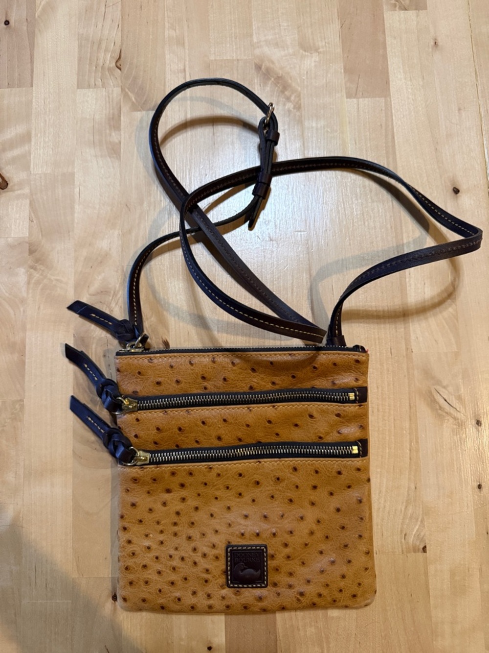 Dooney & Bourke Tan Ostrich-Texture Triple Zip Crossbody